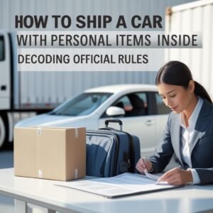 Businesswoman signing car shipping documents with luggage and a box on the table, illustrating rules for shipping a car with personal items inside.